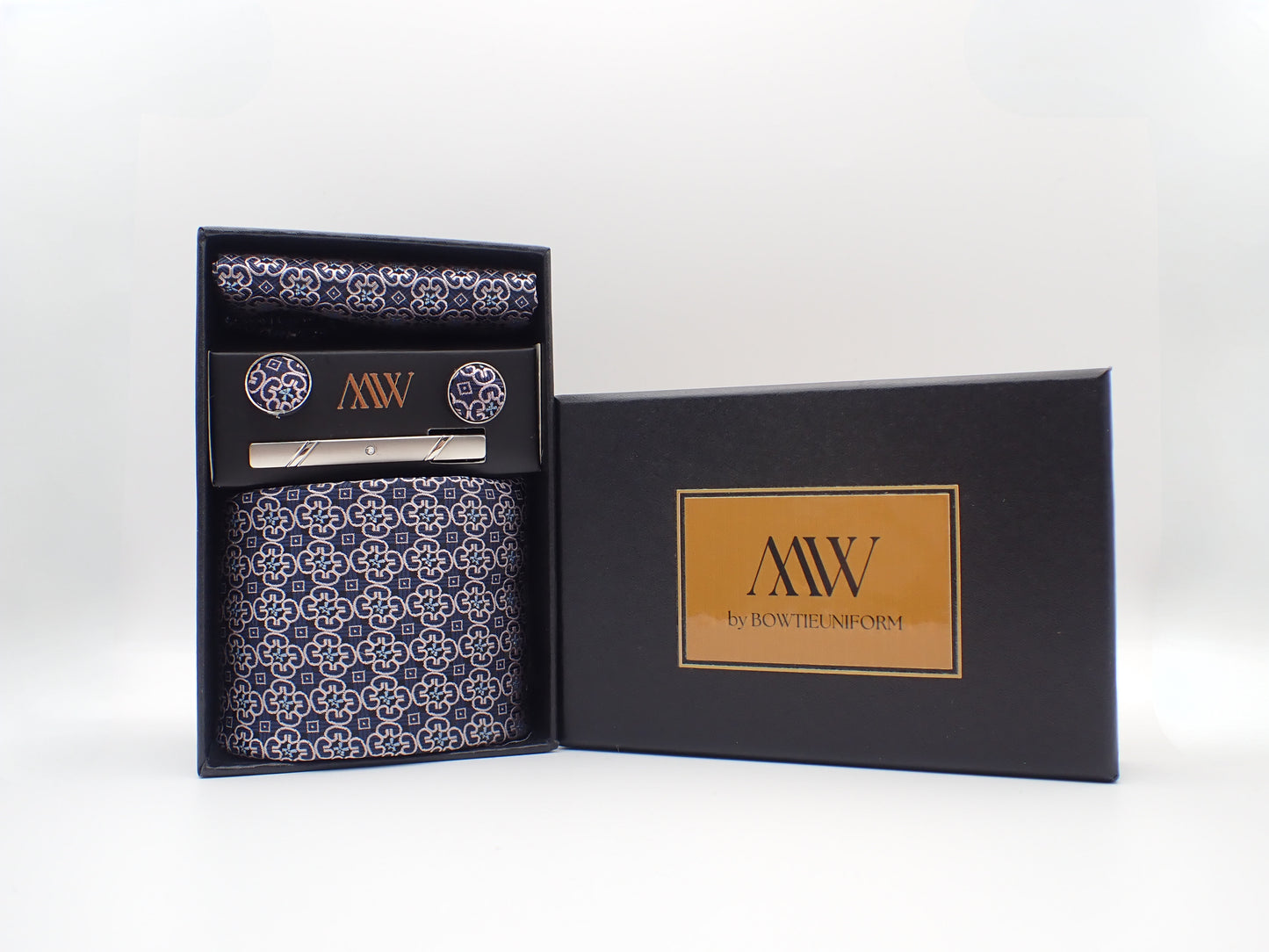 Fancy Pattern Gold Navy Necktie Set / Pocket Square Tie Bowtie Cufflinks Set / Wedding Tie / Tie Clips / Gift for him Mens Groomsmen Gift