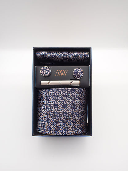 Fancy Pattern Gold Navy Necktie Set / Pocket Square Tie Bowtie Cufflinks Set / Wedding Tie / Tie Clips / Gift for him Mens Groomsmen Gift