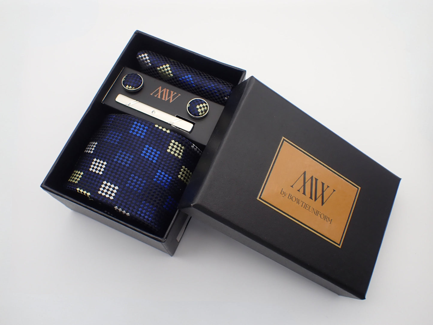 Navy Blue Biscuit Square Pattern Tie Set / Pocket Square, Bowtie, Tie Clip, Cufflinks / Gift for Him / Wedding Groomsmen Gift / Men Gift Box