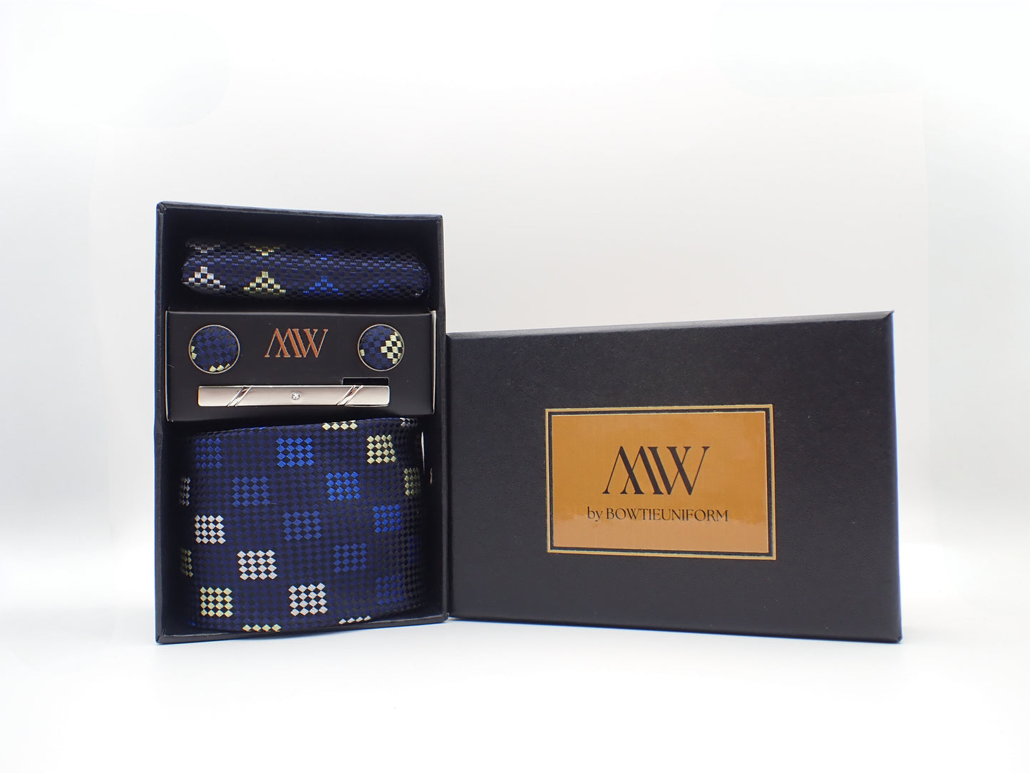 Navy Blue Biscuit Square Pattern Tie Set / Pocket Square, Bowtie, Tie Clip, Cufflinks / Gift for Him / Wedding Groomsmen Gift / Men Gift Box