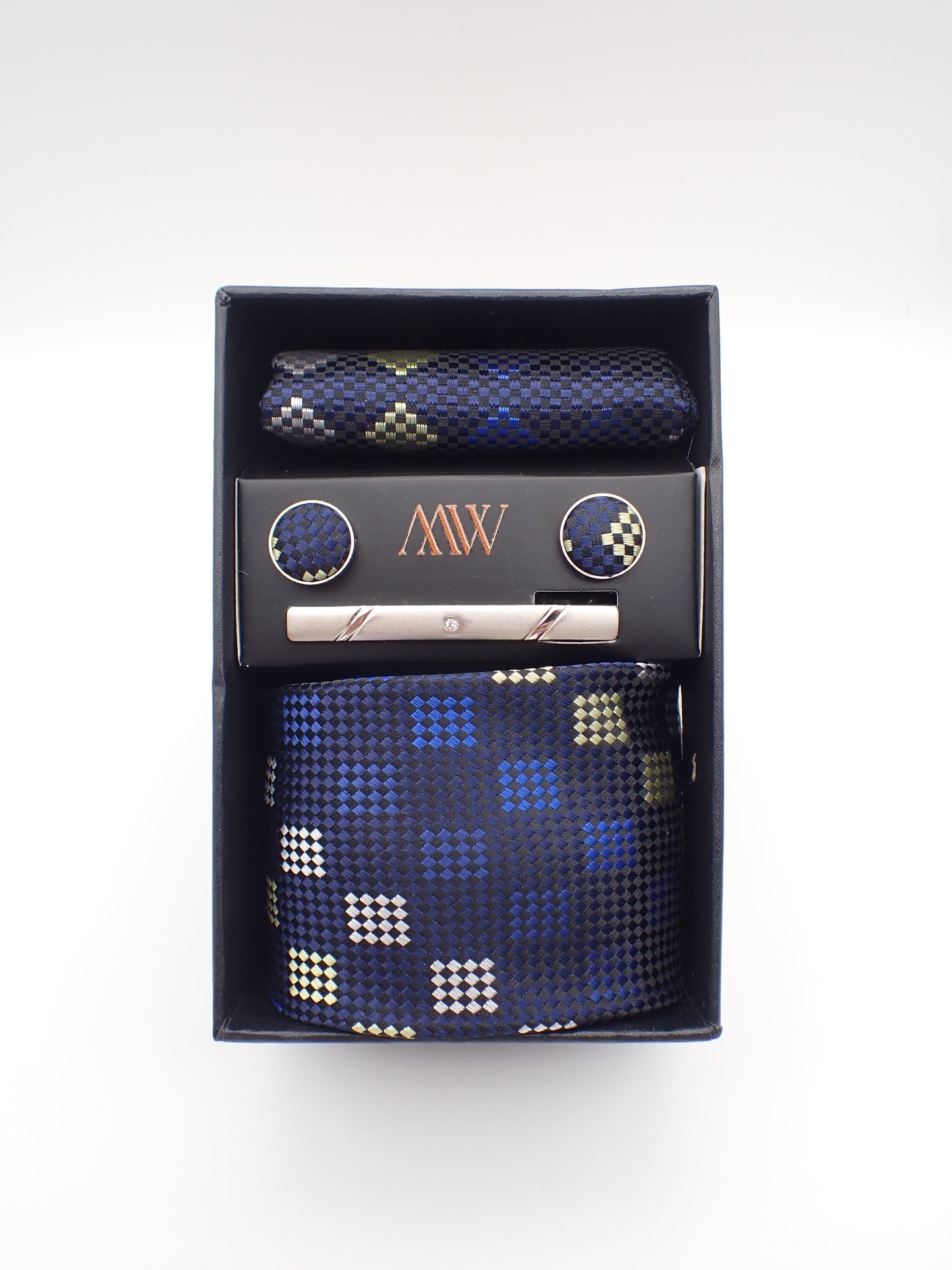 Navy Blue Biscuit Square Pattern Tie Set / Pocket Square, Bowtie, Tie Clip, Cufflinks / Gift for Him / Wedding Groomsmen Gift / Men Gift Box