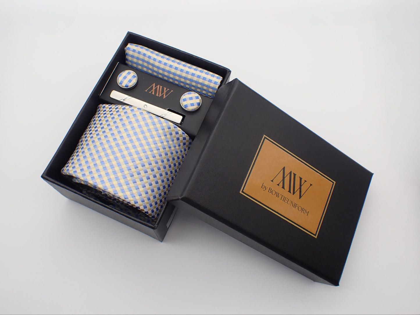 Silver Blue Square Pattern Tie Set / Pocket Square, Bowtie, Tie Clip, Cufflinks / Gift for Him / Wedding Groomsmen Gift / Men Gift Box