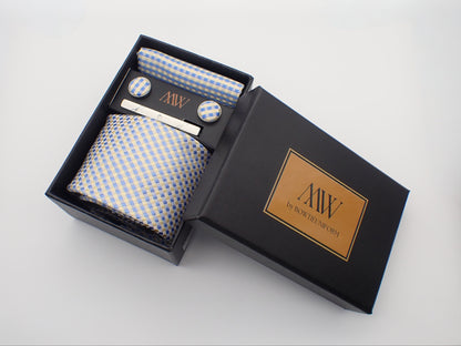 Silver Blue Square Pattern Tie Set / Pocket Square, Bowtie, Tie Clip, Cufflinks / Gift for Him / Wedding Groomsmen Gift / Men Gift Box