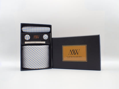 Silver Blue Square Pattern Tie Set / Pocket Square, Bowtie, Tie Clip, Cufflinks / Gift for Him / Wedding Groomsmen Gift / Men Gift Box