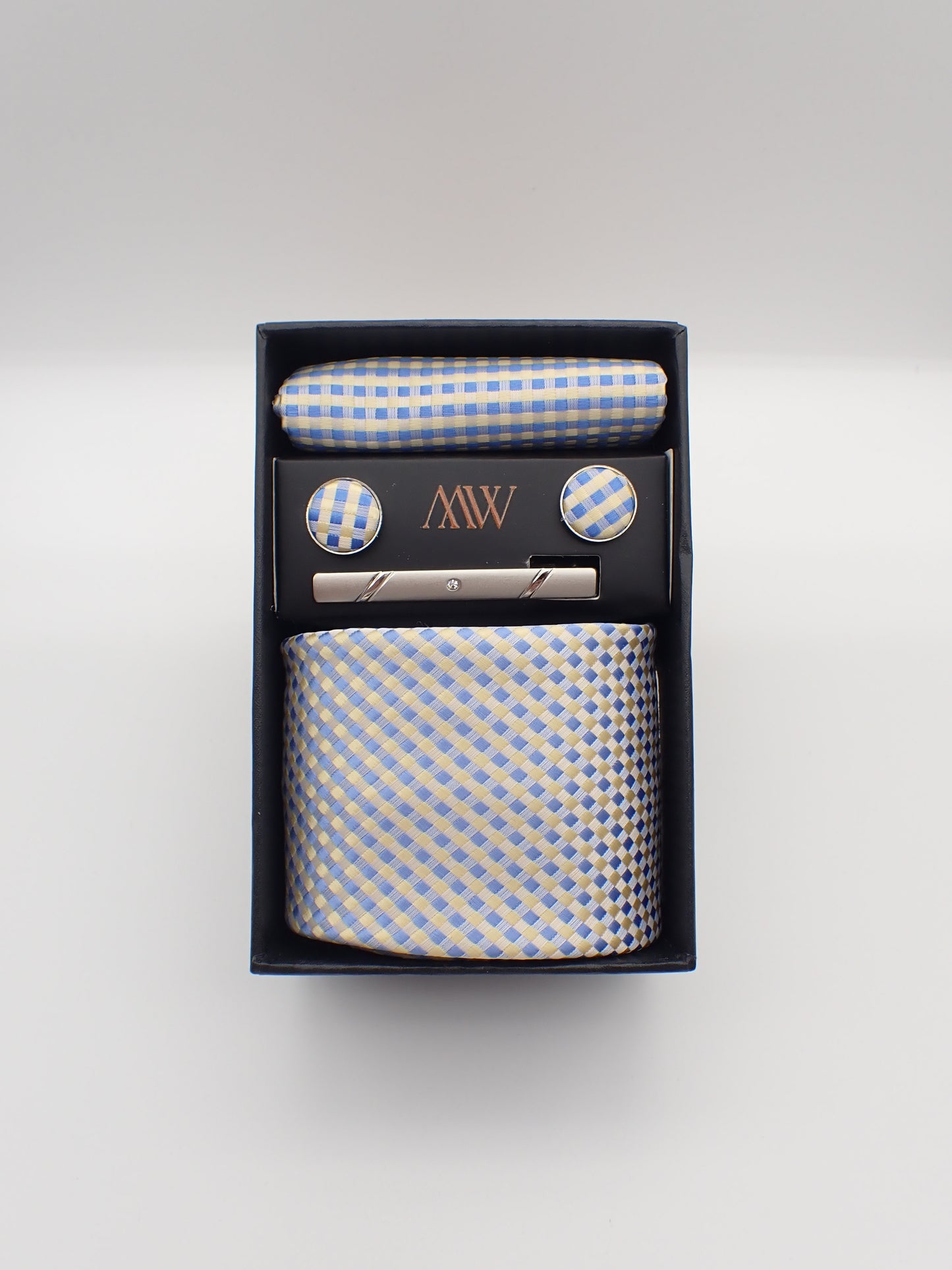 Silver Blue Square Pattern Tie Set / Pocket Square, Bowtie, Tie Clip, Cufflinks / Gift for Him / Wedding Groomsmen Gift / Men Gift Box