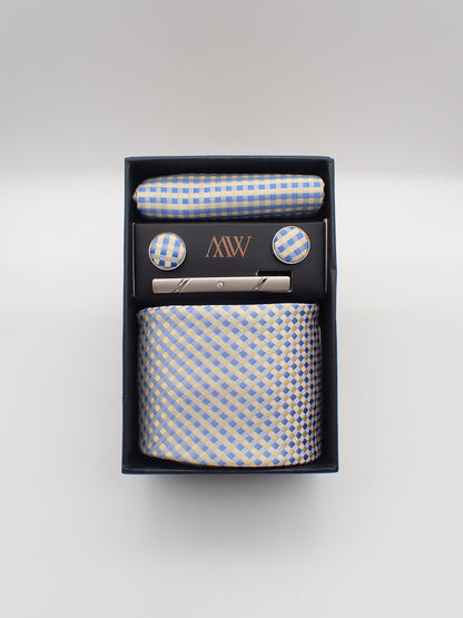 Silver Blue Square Pattern Tie Set / Pocket Square, Bowtie, Tie Clip, Cufflinks / Gift for Him / Wedding Groomsmen Gift / Men Gift Box