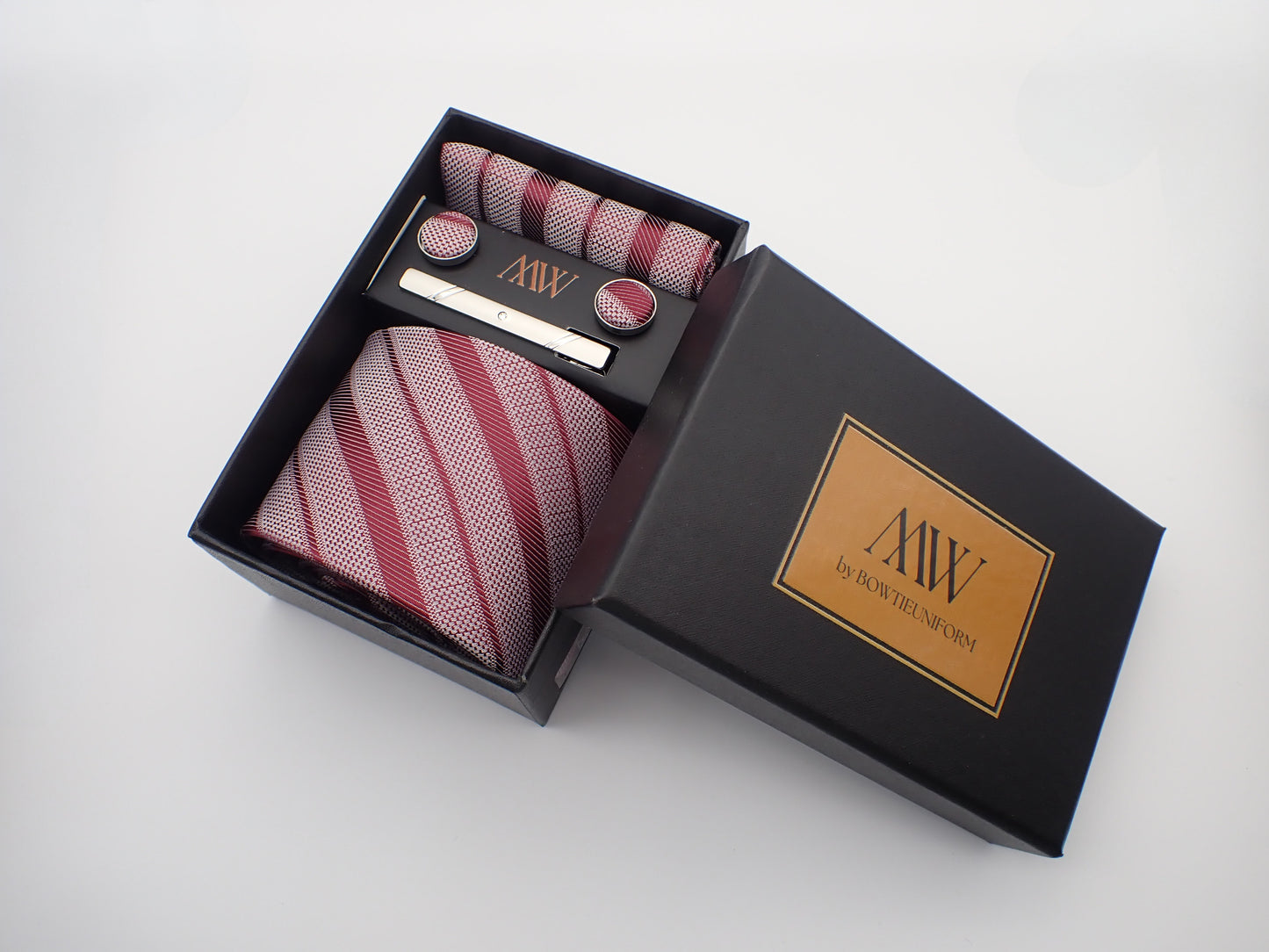 Red and White Stripe Tie Set / Pocket Square, Bowtie, Tie Clip, Cufflinks / Gift for Him / Wedding Groomsmen Gift / Men Gift Box