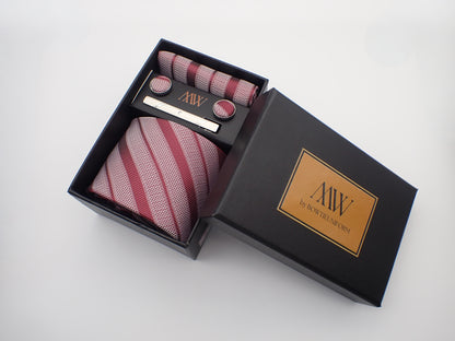 Red and White Stripe Tie Set / Pocket Square, Bowtie, Tie Clip, Cufflinks / Gift for Him / Wedding Groomsmen Gift / Men Gift Box