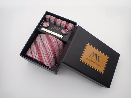 Red and White Stripe Tie Set / Pocket Square, Bowtie, Tie Clip, Cufflinks / Gift for Him / Wedding Groomsmen Gift / Men Gift Box