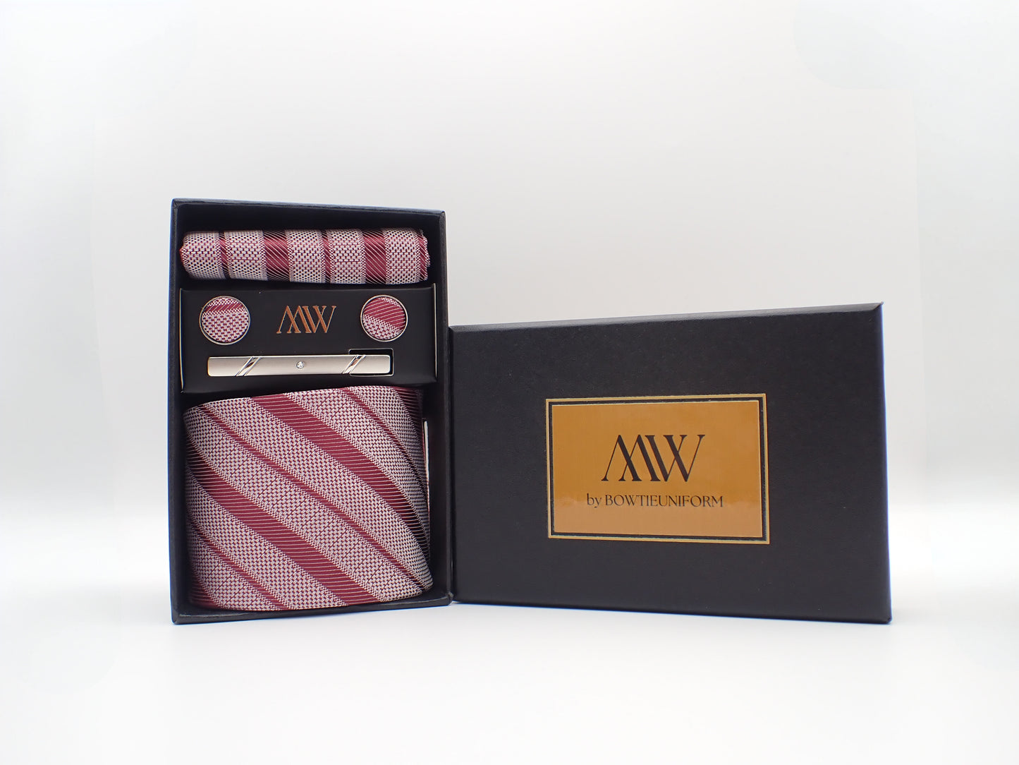 Red and White Stripe Tie Set / Pocket Square, Bowtie, Tie Clip, Cufflinks / Gift for Him / Wedding Groomsmen Gift / Men Gift Box