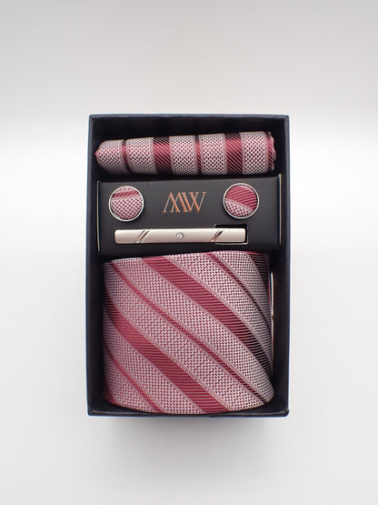 Red and White Stripe Tie Set / Pocket Square, Bowtie, Tie Clip, Cufflinks / Gift for Him / Wedding Groomsmen Gift / Men Gift Box