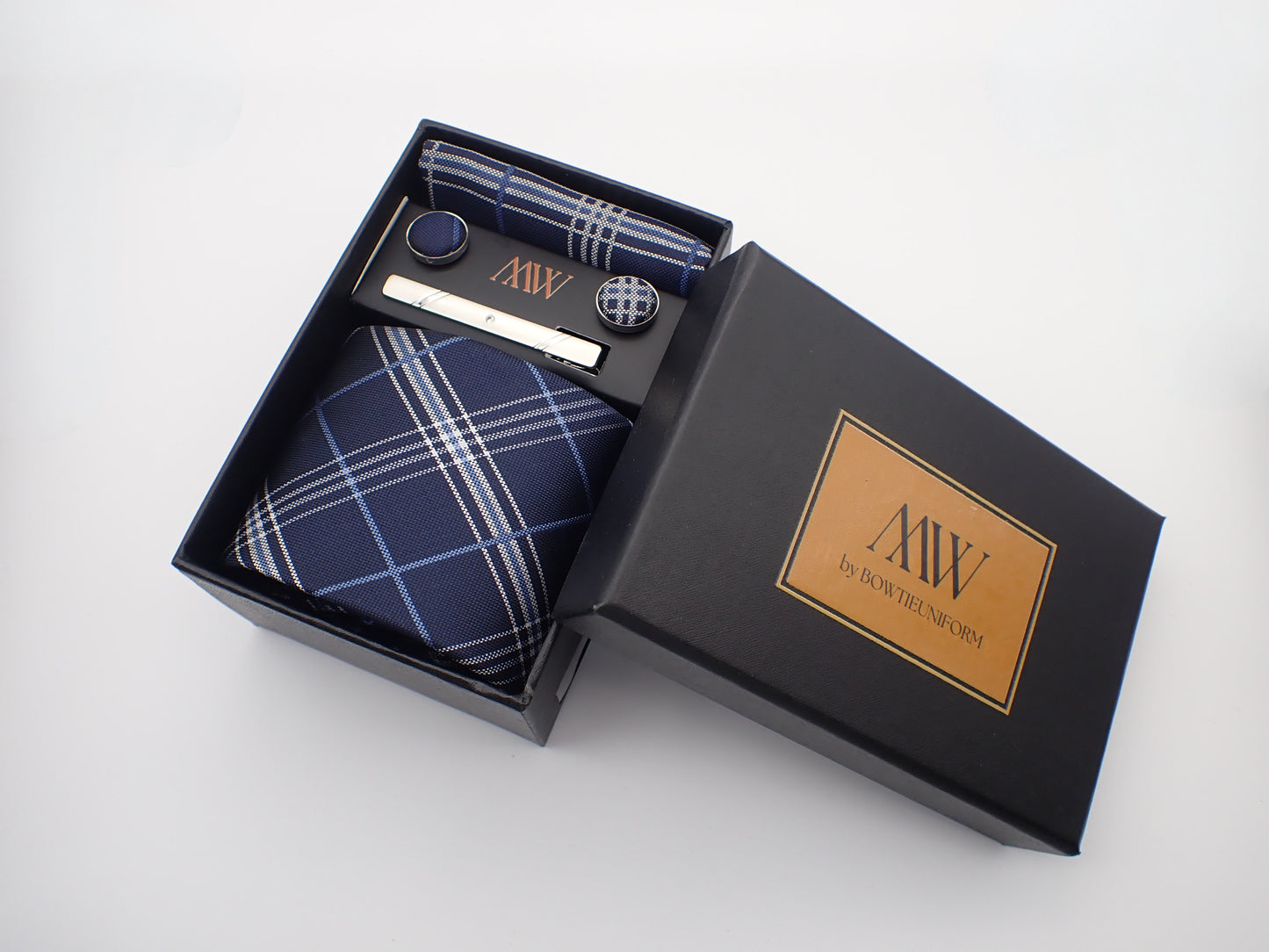 Navy Blue Stripe Pattern Necktie Set / Pocket Square Tie Bowtie Cufflinks Set / Wedding Tie / Tie Clips / Gift for him Mens Groomsmen Gift