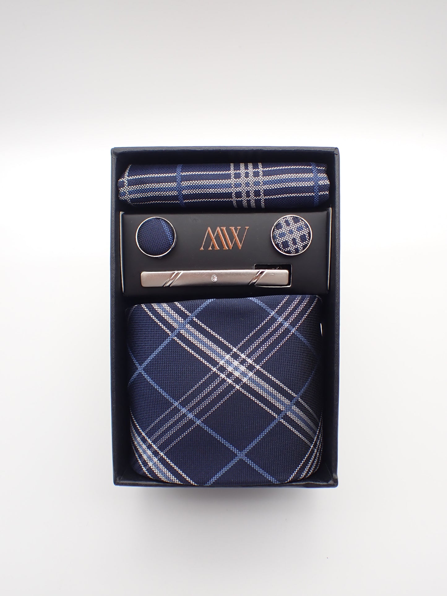 Navy Blue Stripe Pattern Necktie Set / Pocket Square Tie Bowtie Cufflinks Set / Wedding Tie / Tie Clips / Gift for him Mens Groomsmen Gift