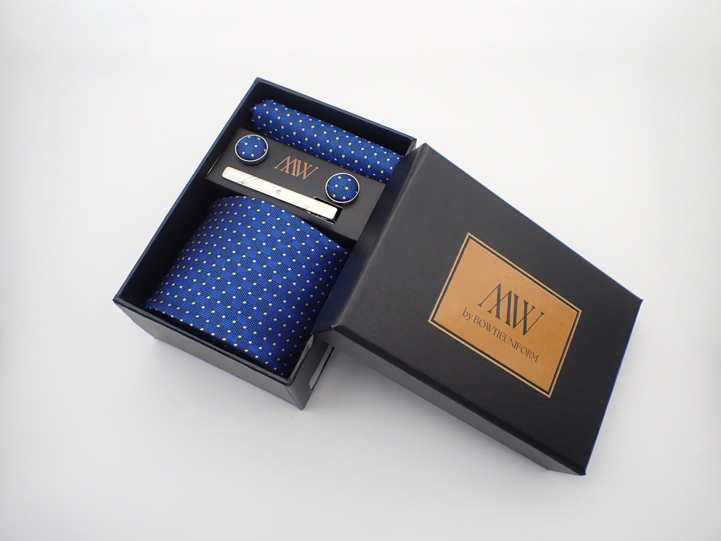 Royal Blue Dot Pattern Necktie Set / Pocket Square Tie Bowtie Cufflinks Set / Wedding Tie / Tie Clips / Gift for him Mens Groomsmen Gift