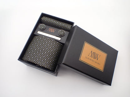 Black White Flower Pattern Tie Set / Pocket Square, Bowtie, Tie Clip, Cufflinks / Gift for Him / Wedding Groomsmen Gift / Men Gift Box