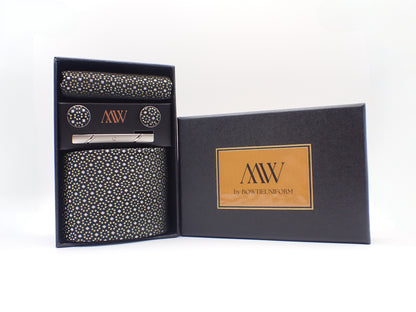 Black White Flower Pattern Tie Set / Pocket Square, Bowtie, Tie Clip, Cufflinks / Gift for Him / Wedding Groomsmen Gift / Men Gift Box