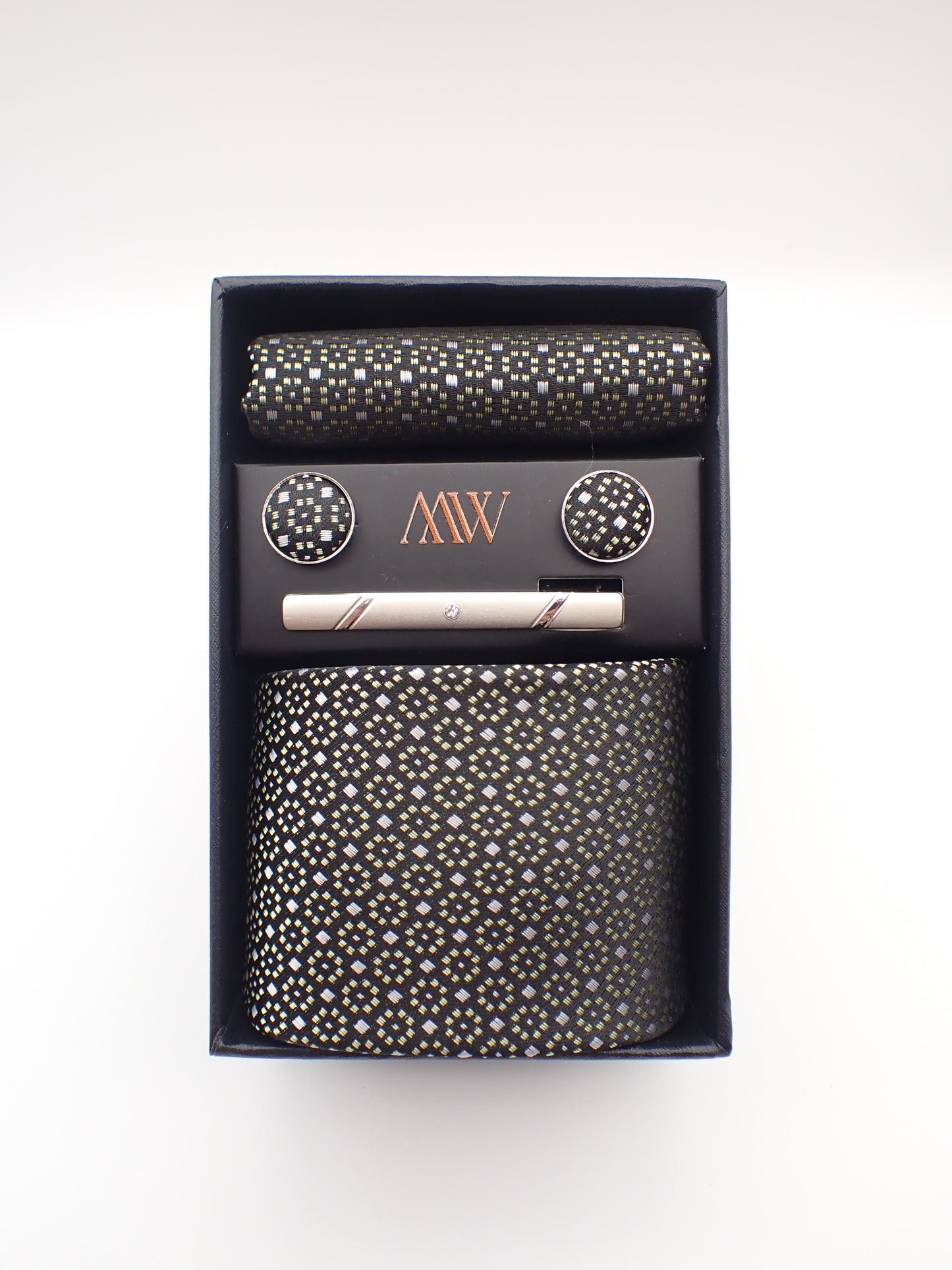 Black White Flower Pattern Tie Set / Pocket Square, Bowtie, Tie Clip, Cufflinks / Gift for Him / Wedding Groomsmen Gift / Men Gift Box