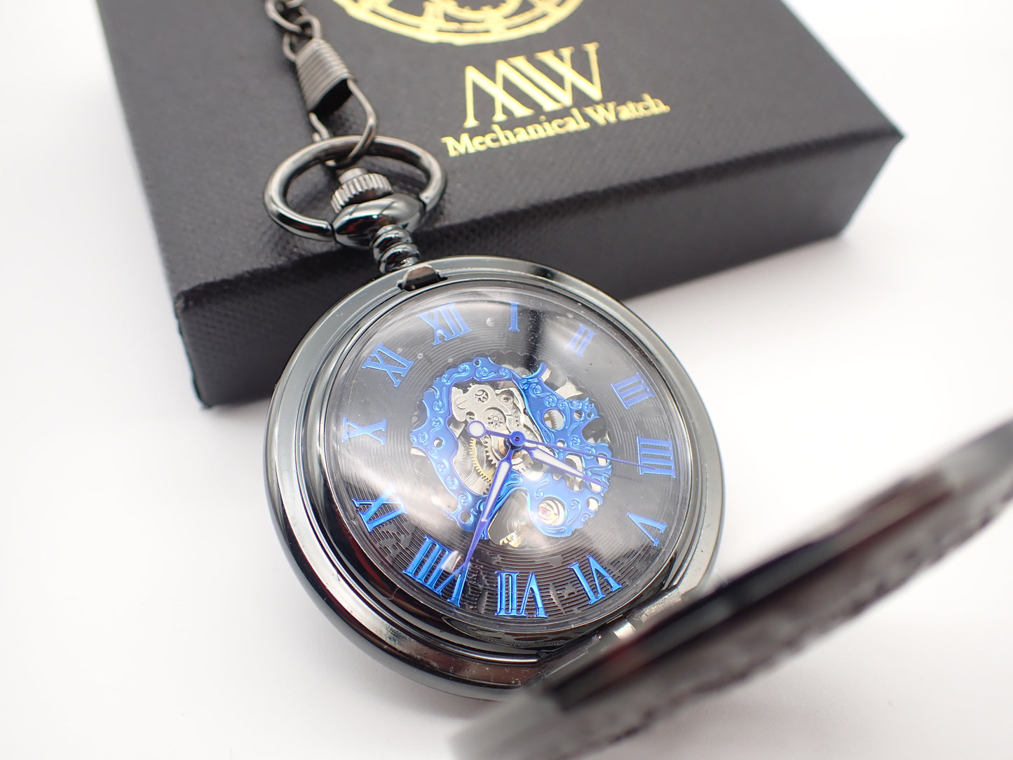 Personalized Gunmetal Cogwheel Pocket Watch with Blue Gears | Groomsmen Gift