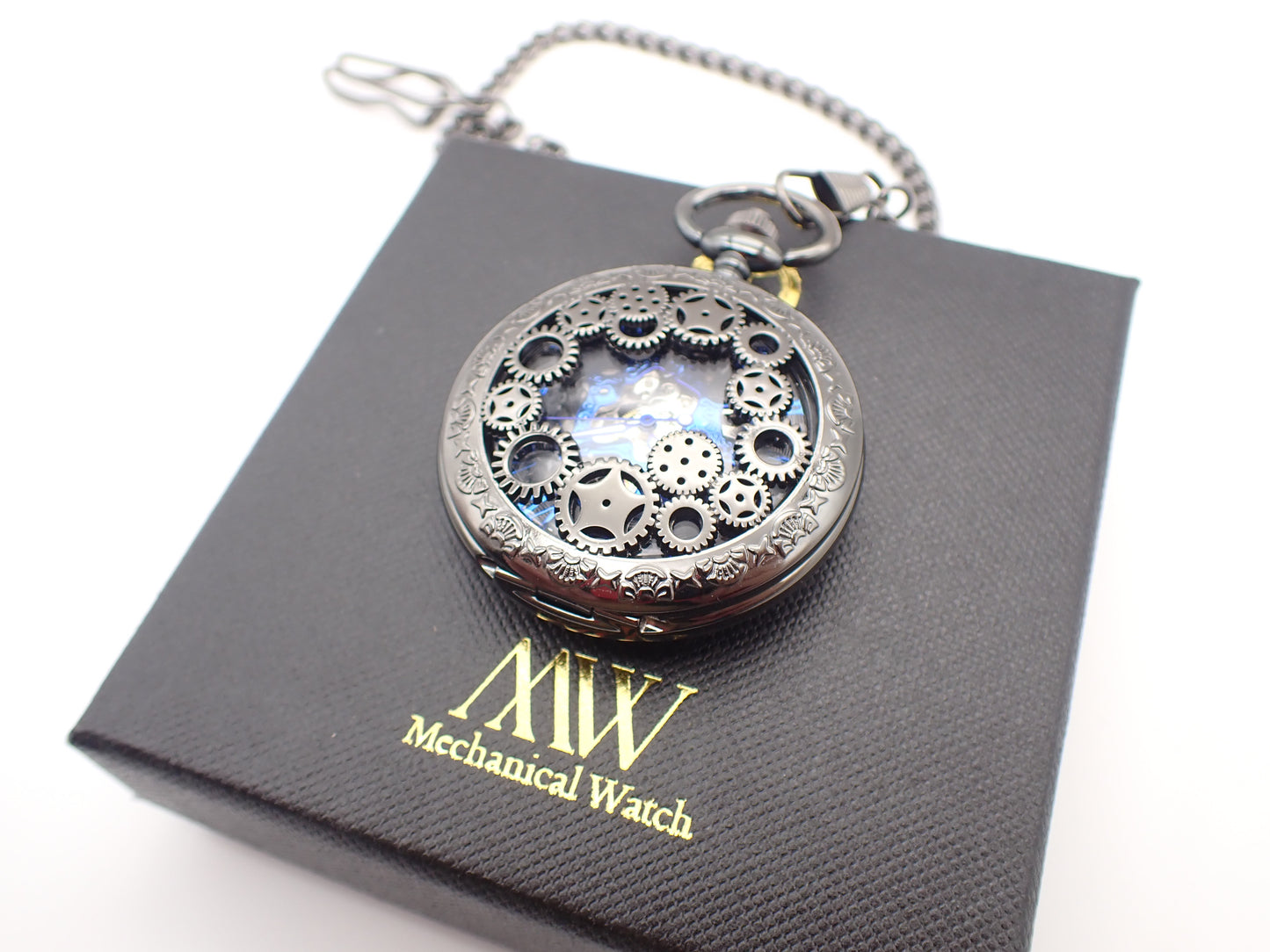 Personalized Gunmetal Cogwheel Pocket Watch with Blue Gears | Groomsmen Gift