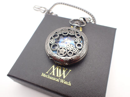 Personalized Gunmetal Cogwheel Pocket Watch with Blue Gears | Groomsmen Gift