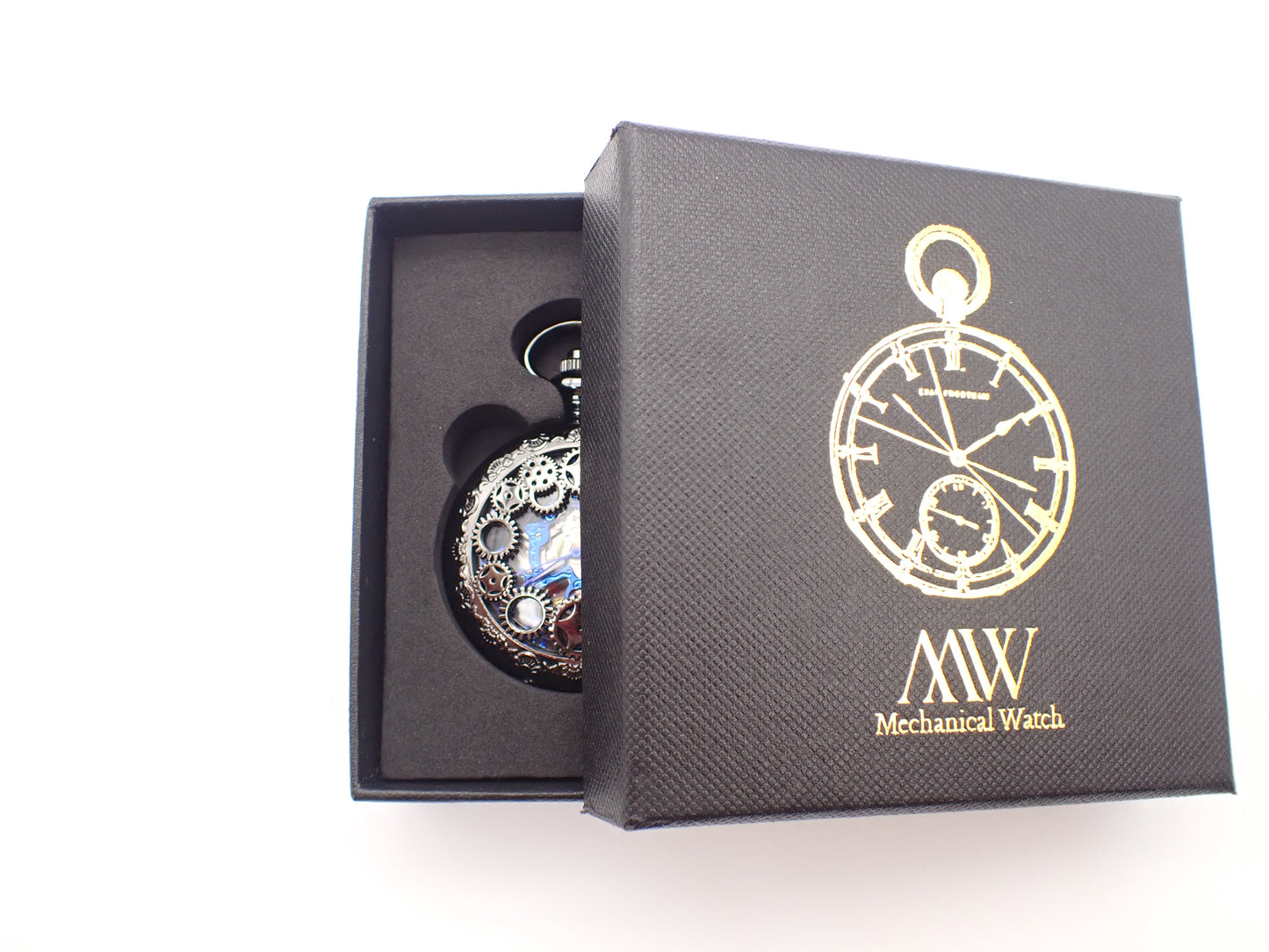 Personalized Gunmetal Cogwheel Pocket Watch with Blue Gears | Groomsmen Gift
