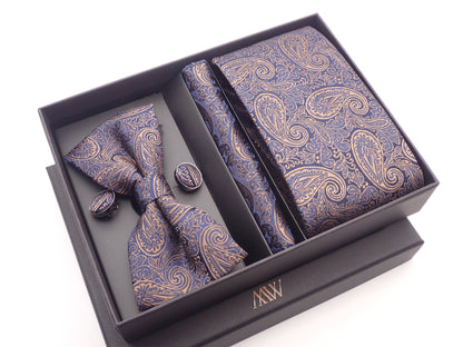 Navy Blue and Copper Gold Paisley Tie Set / Pocket Square Tie Bowtie Cufflinks Set / Wedding Tie / Tie Clips / Gift for him Mens Groomsmen