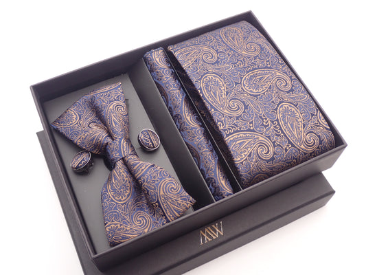 Navy Blue and Copper Gold Paisley Tie Set / Pocket Square Tie Bowtie Cufflinks Set / Wedding Tie / Tie Clips / Gift for him Mens Groomsmen