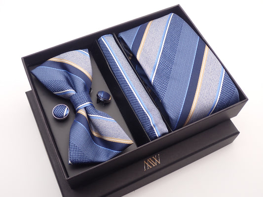 Silver Blue Stripe Pattern Tie Set / Pocket Square, Bowtie, Tie Clip, Cufflinks / Gift for Him / Wedding Groomsmen Gift / Men's Gift Box