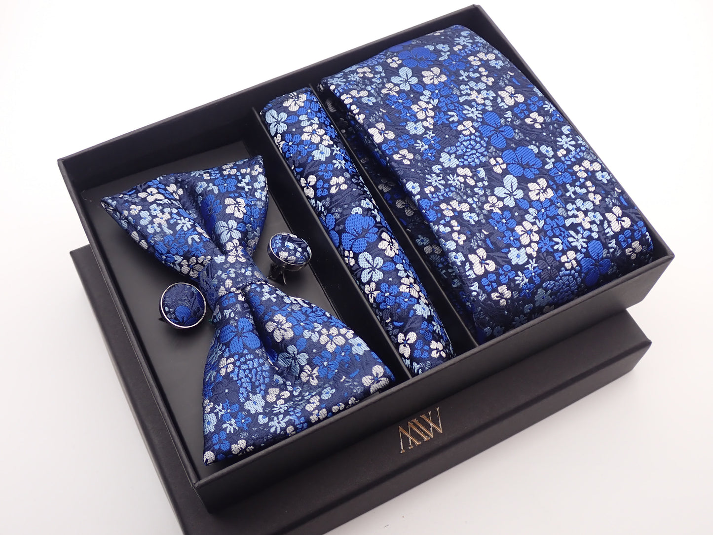Blue Sakura Floral Pattern Tie Set / Pocket Square, Bowtie, Tie Clip, Cufflinks / Gift for Him / Wedding Groomsmen Gift / Men's Gift Box