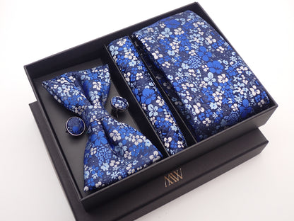 Blue Sakura Floral Pattern Tie Set / Pocket Square, Bowtie, Tie Clip, Cufflinks / Gift for Him / Wedding Groomsmen Gift / Men's Gift Box