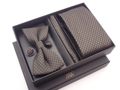 Brown Square Pattern Tie Set / Pocket Square, Bowtie, Tie Clip, Cufflinks / Gift for Him / Wedding Groomsmen Gift / Men's Present / Box