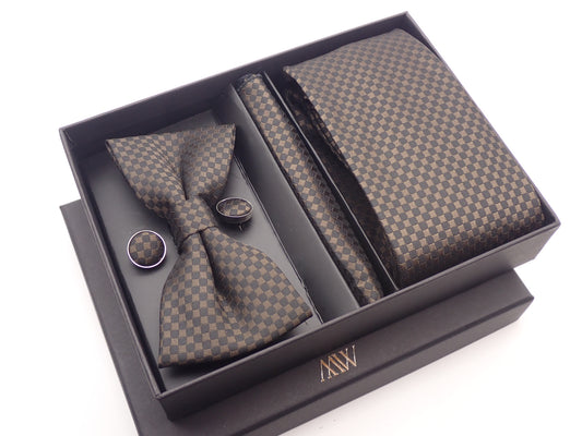 Brown Square Pattern Tie Set / Pocket Square, Bowtie, Tie Clip, Cufflinks / Gift for Him / Wedding Groomsmen Gift / Men's Present / Box