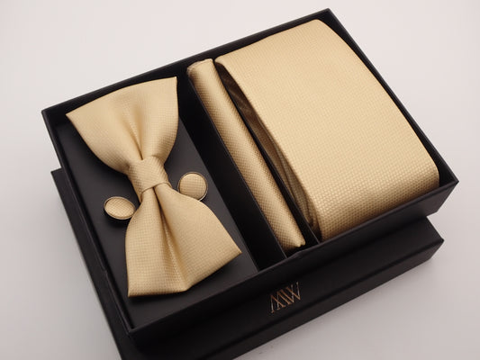 Champagne Square Pattern Tie Set / Pocket Square, Bowtie, Tie Clip, Cufflinks / Gift for Him / Wedding Groomsmen Gift / Men's Present / Box