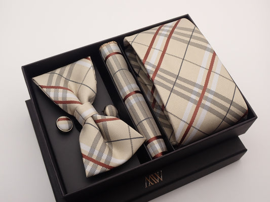 Khaki Milk Tea Stripe Necktie Set / Pocket Square Tie Bowtie Cufflinks Set / Wedding Tie / Tie Clips / Gift for him Mens Groomsmen Gift