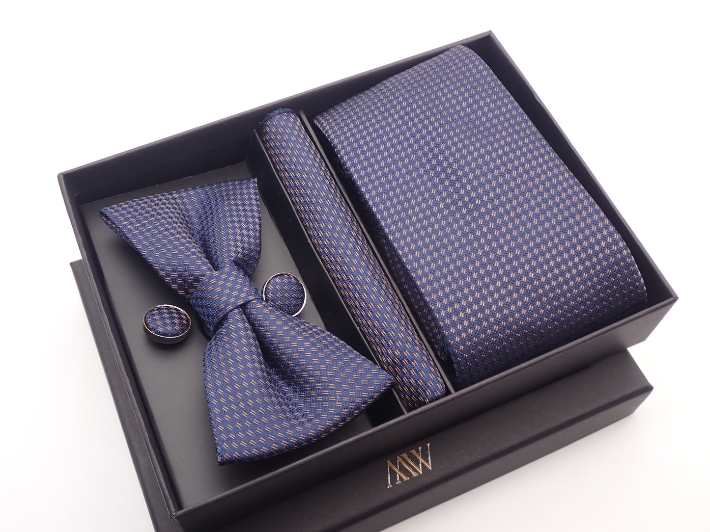 Navy Blue Pattern Necktie Set / Pocket Square Tie Bowtie Cufflinks Set / Wedding Tie / Tie Clips / Gift for him Mens Groomsmen Gift