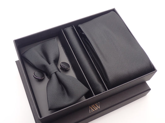 Black / Dark Square Necktie Set / Pocket Square Tie Bowtie Cufflinks Set / Wedding Tie / Tie Clips / Gift for him Mens Groomsmen Gift