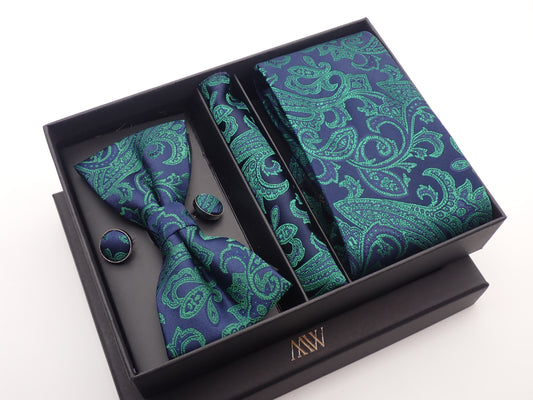 Navy Green Paisley Tie Set / Pocket Square Tie Bowtie Cufflinks Set / Wedding Tie / Tie Clips / Gift for him Mens anniversary Groomsmen Gift