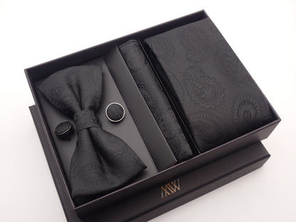 Black / Dark Paisley Pattern Necktie Set / Pocket Square Tie Bowtie Cufflinks Set / Wedding Tie / Tie Clips / Gift for him Mens Groomsmen