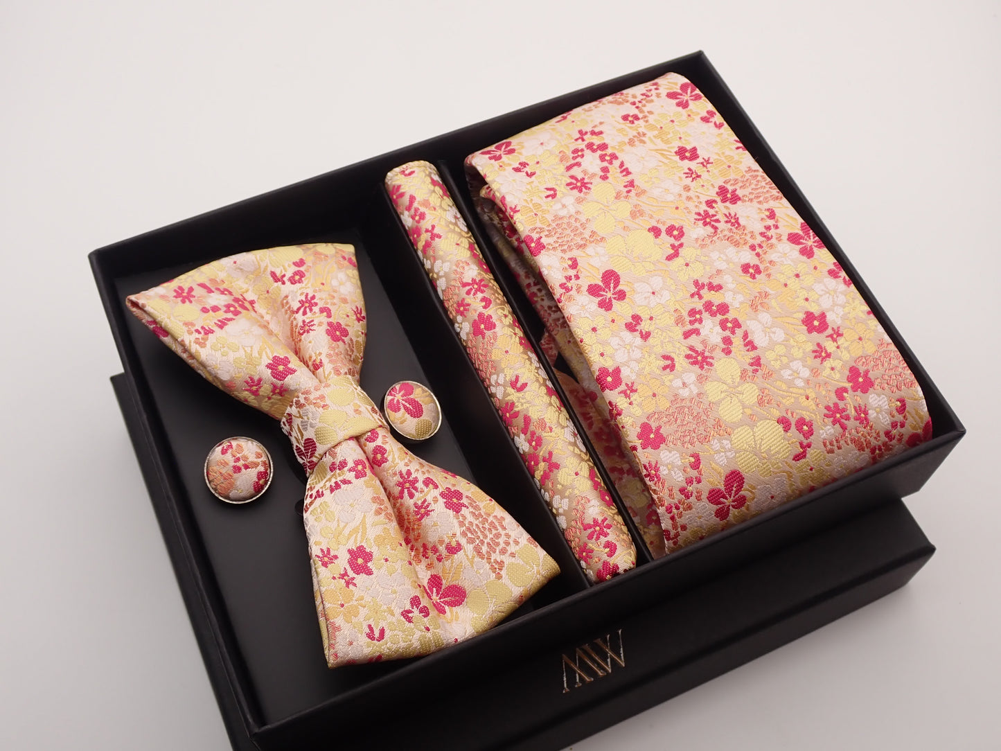 Pink Sakura Floral Paisley Tie Set / Pocket Square, Bowtie, Tie Clip, Cufflinks / Gift for Him / Wedding Groomsmen Gift / Men's Gift Box