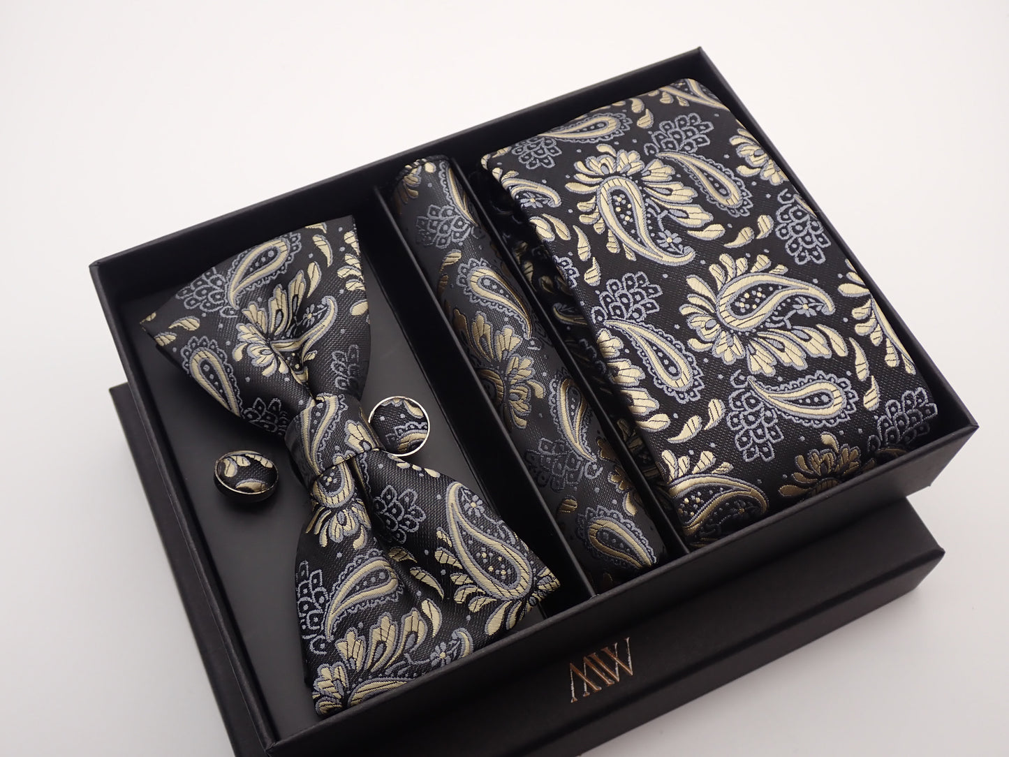 Black and Gold Paisley Tie Set / Pocket Square, Bowtie, Tie Clip, Cufflinks / Gift for Him / Wedding Groomsmen Gift / Men's Gift Box