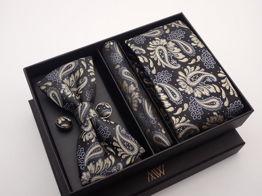 Black and Gold Paisley Tie Set / Pocket Square, Bowtie, Tie Clip, Cufflinks / Gift for Him / Wedding Groomsmen Gift / Men's Gift Box