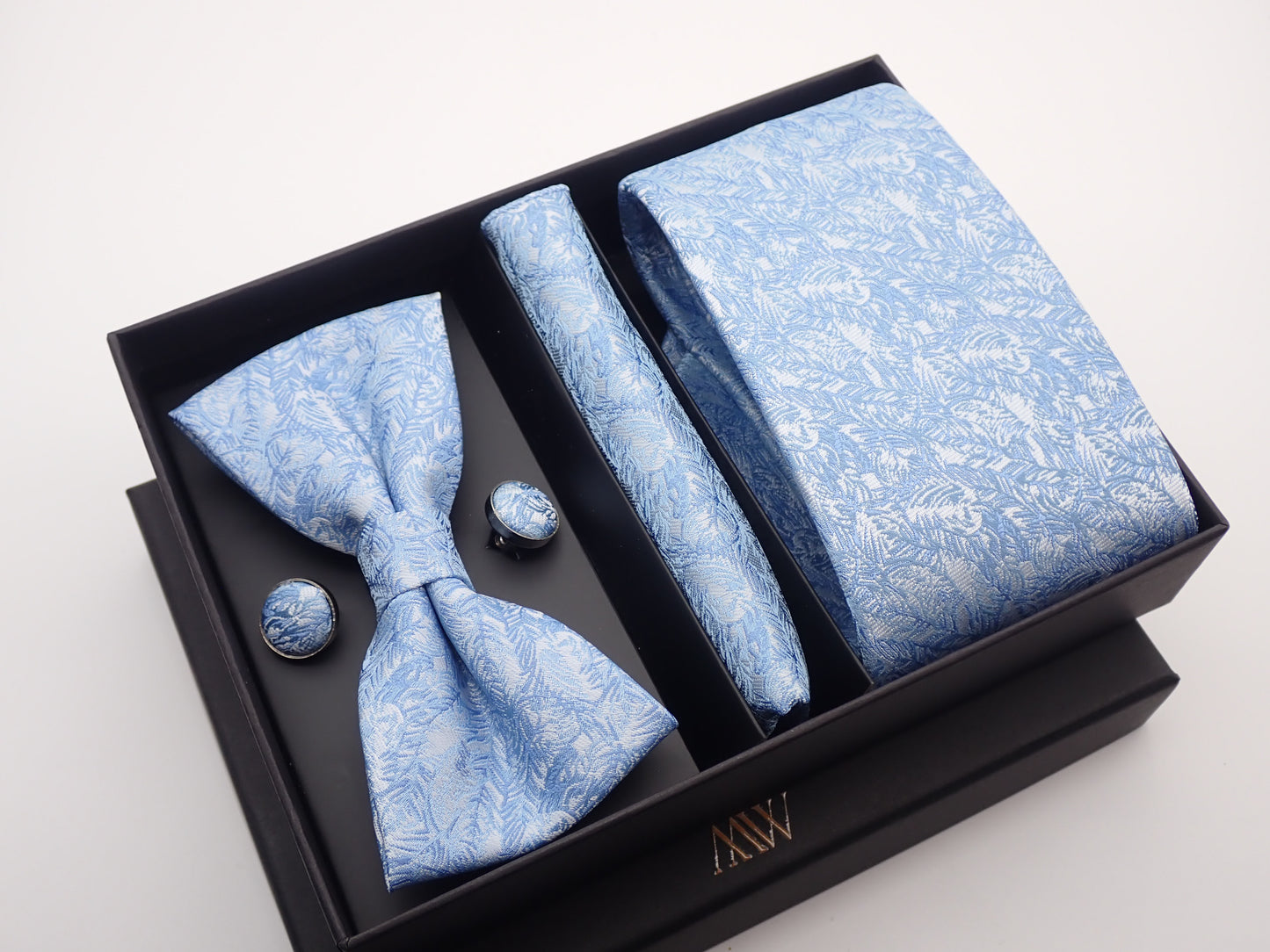 Sky Blue Floral Pattern Tie Set / Pocket Square, Bowtie, Tie Clip, Cufflinks / Gift for Him / Wedding Groomsmen Gift / Men Present Box