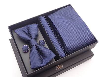 Navy Blue Square Necktie Set / Pocket Square Tie Bowtie Cufflinks Set / Wedding Tie / Tie Clips / Gift for him Mens Groomsmen Gift