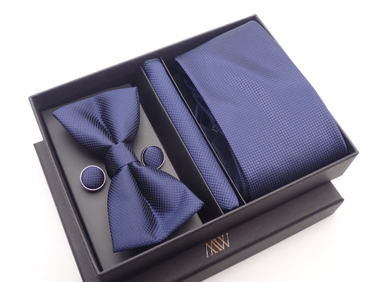 Navy Blue Square Necktie Set / Pocket Square Tie Bowtie Cufflinks Set / Wedding Tie / Tie Clips / Gift for him Mens Groomsmen Gift