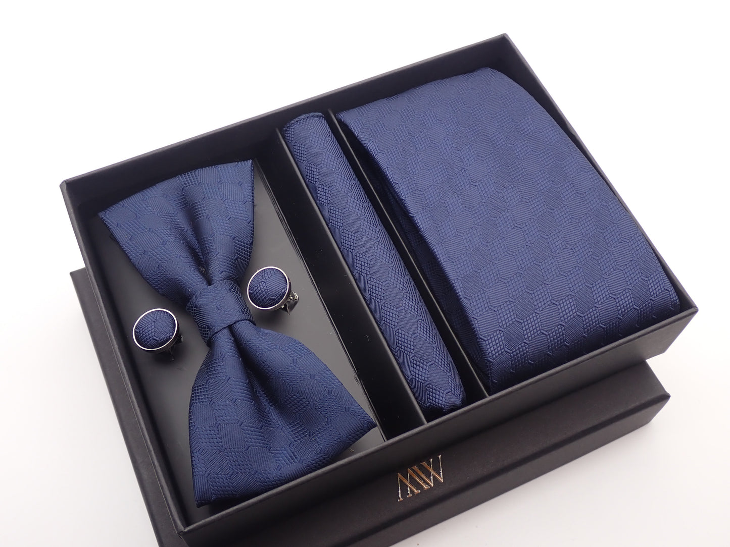 Navy Blue Pattern Tie Set / Pocket Square, Bowtie, Tie Clip, Cufflinks / Gift for Him / Wedding Groomsmen Gift / Men's Present / Gift Box