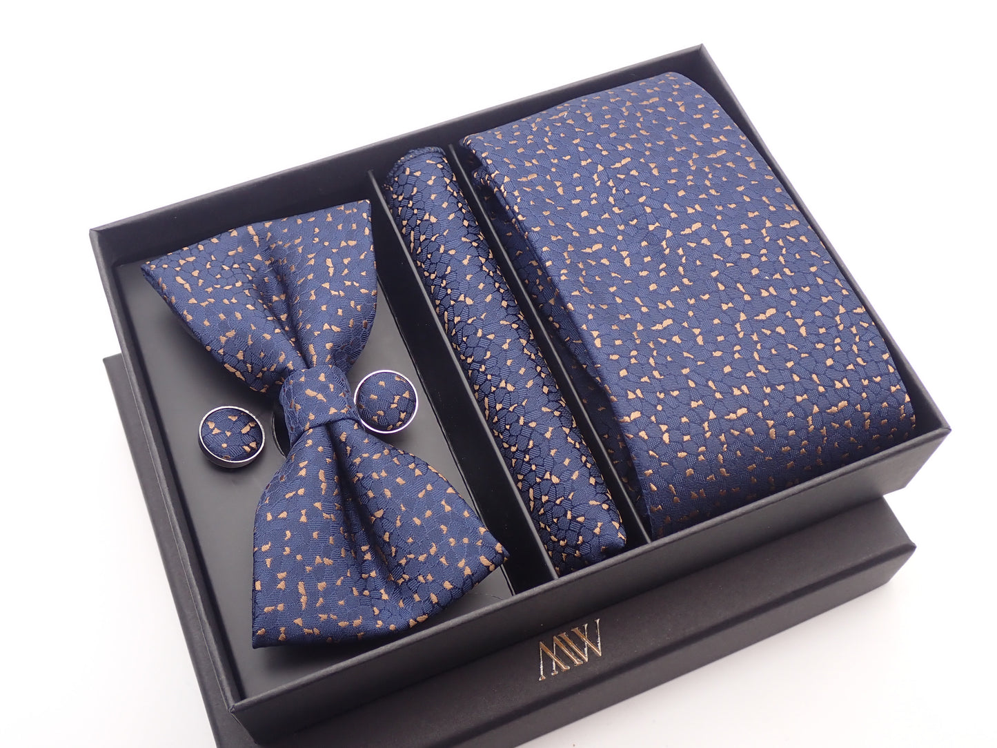 Navy Blue with Gold Leaf Pattern Tie Set / Pocket Square, Bowtie, Tie Clip, Cufflinks / Gift for Him / Wedding Groomsmen Gift / Men's Present