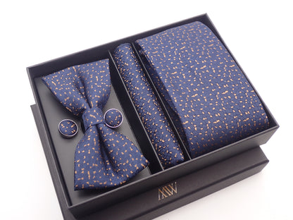 Navy Blue with Gold Leaf Pattern Tie Set / Pocket Square, Bowtie, Tie Clip, Cufflinks / Gift for Him / Wedding Groomsmen Gift / Men's Present