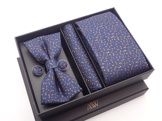 Navy Blue with Gold Leaf Pattern Tie Set / Pocket Square, Bowtie, Tie Clip, Cufflinks / Gift for Him / Wedding Groomsmen Gift / Men's Present