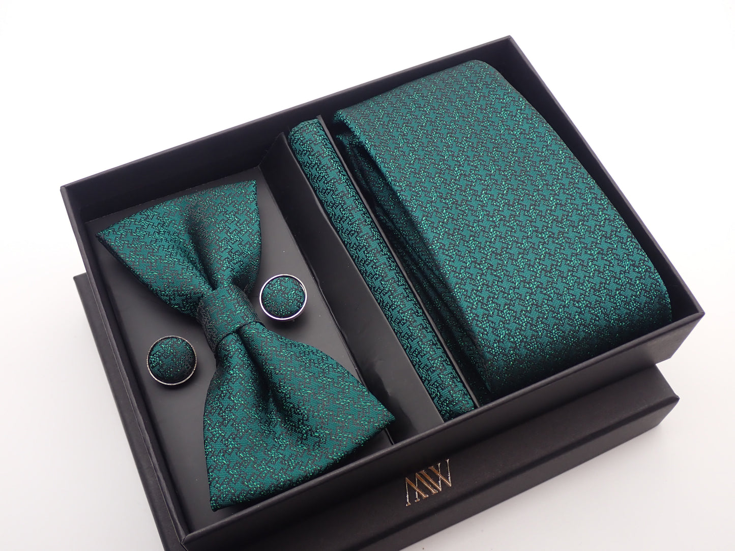 Forest Green Paisley Tie Set / Pocket Square, Bowtie, Tie Clip, Cufflinks / Gift for Him / Wedding Groomsmen Gift / Men's Gift Box / Purple