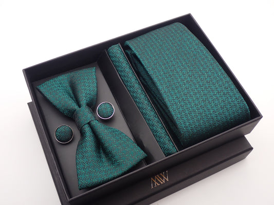 Forest Green Paisley Tie Set / Pocket Square, Bowtie, Tie Clip, Cufflinks / Gift for Him / Wedding Groomsmen Gift / Men's Gift Box / Purple